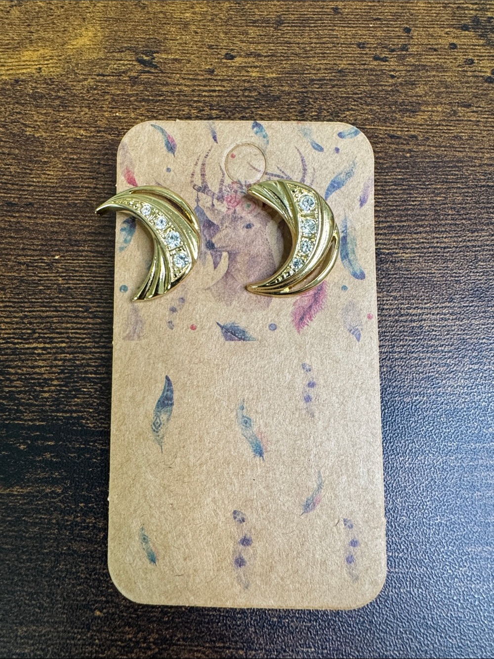 Vintage Gold Crescent Moon Stud Earrings with Clear Crystals